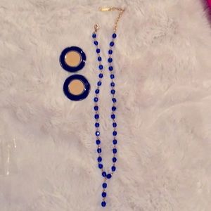 Vintage looking earrings navy blue/tan also necklace blue crystal in goldtone